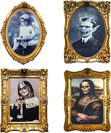 Halloween Decoration 3D Changing Face Horror Pictures Moving Portrait Frame, 4 Pcs Scary Wall Decoration for Party Castle Haunted House Home Indoor Decor