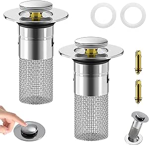 2Pcs Bathroom Sink Stopper Hair Catcher,Pop Up Sink Drain Filter with Removable Stainless Steel Filter Basket Hair Catcher, for 1.1''-1.3'' Drain Hole, Universal Bathroom Sink Drain Strainer