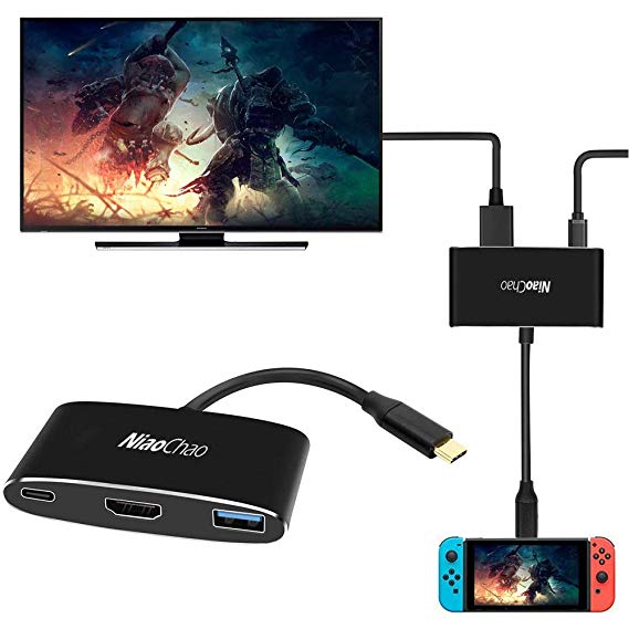 NiaoChao USB-C HDMI Adapter for Nintendo Switch 8.0.1firmware, 3 in 1 Type C to 4k HDMI， Type C Charging Ports and USB3.0 Port. - Support Thin and Light Notebook