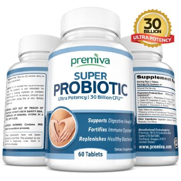 Probiotics Supplement - Probiotic Super 30 Billion CFU - 15 Strains - Immune System Booster - Digestive Support - Daily Probiotic - For Women and Men - 60 Tablets - Premiva 100% Happiness Guarantee