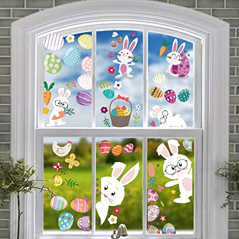 82 PCS 6 Sheets Easter Decorations Window Clings Stickers, Decor Cute Bunny Radish Eggs Butterfly Carrot Decals for Kids School Office Home Glass Decals for Easter Home Party Decorations Supplies