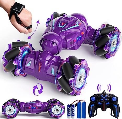 RC Stunt Car, Gesture Sensor Remote Control Stunt Car Toys for Kids Age 6 7 8 9 10 11 12 Years Old, 2.4GHz 4WD RC Double Sided 360° Flips Off Road Vehicle with Lights Music,Gifts for Boys Girls-Purple