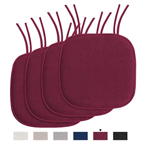 H.VERSAILTEX Chair Cushion Memory Foam Chair Pads with Ties Honeycomb Pattern Nonslip Rubber Back Rounded Square 16" x 16" Dining Chair Seat Cover (4 Pack, Burgundy)