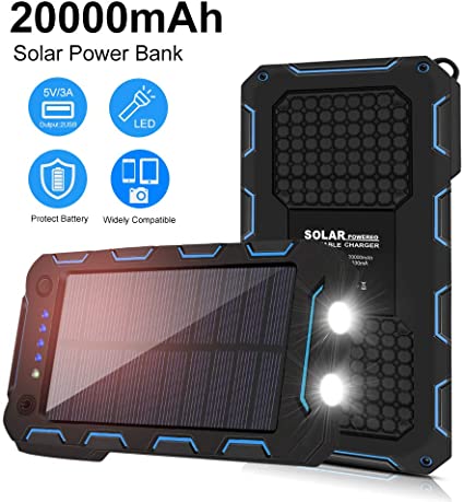 Solar Power Bank, 20000mAh Solar Charger, 2 USB Output Solar Battery Charger with LED Flashlight for iPhone 8/X/iPhone 11, Smart Phones and Outdoor Sport