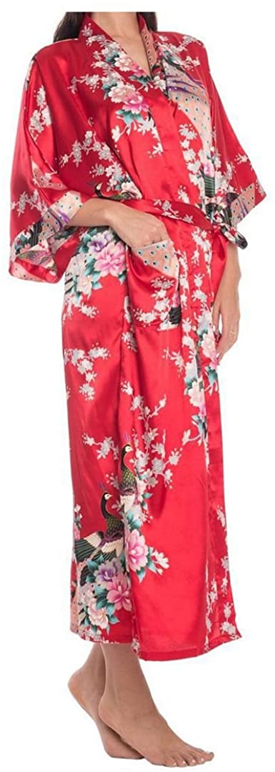 Women's Robes Peacock and Blossoms Kimono Satin Nightwear Long Style UK Stock