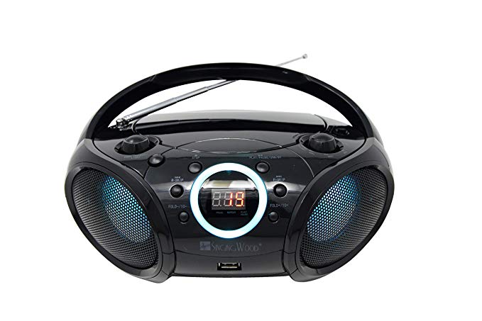 SINGING WOOD CD Boombox Portable/w Bluetooth USB MP3 Player AM/FM Radio AUX Headset Jack LED Backlit (Phantom Black)