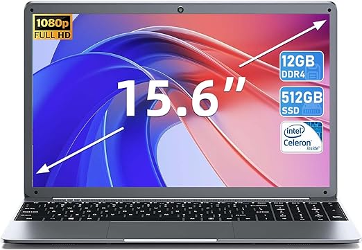 SGIN 15.6" Laptop, High Performance Quad-Core Intel Celeron N5095 Processors, 12GB DDR4 512GB SSD Computers, FHD 1920X1080 Screen Laptop, Webcam, Bluetooth 4.2, 2.4G/5G WiFi