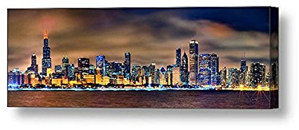 CANVAS Chicago Skyline at NIGHT COLOR 16 inches x 46 inches City Downtown Photographic Panorama Print Photo Picture