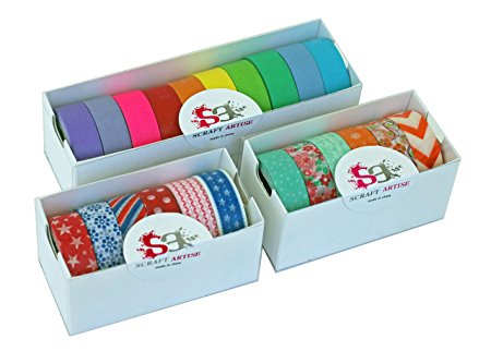 Scraft Artise (22) Rolls of Washi Masking Tape Japanese Decorative Set, 15mm x 10m, approx. 5/8"x 33', 10 Bright Solids, 12 Vibrant Prints, Fun for Scrapbooking, Journaling, Cards, DIY, Arts & Crafts