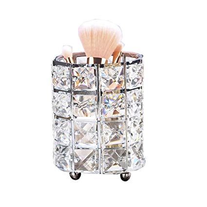 Pahdecor Handcrafted Crystal Rotating Makeup Brush Holder Eyebrow Pencil Pen Cup Collection Cosmetic Storage Organizer for Vanity,Bathroom,Bedroom,Office Desk (Silver)