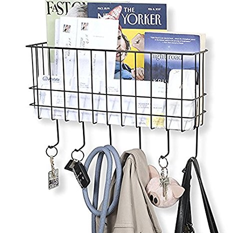 WALL35 Unique Metal Wire Basket - Wall Mounted Entryway Organizer - Key Holder - Coat Rack with Hooks - Mail and Magazine Holder (Black)