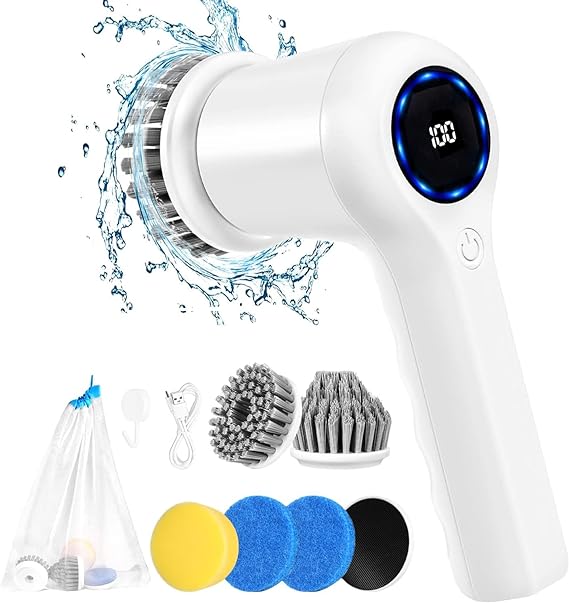 GRUTTI Electric Spin Scrubber Rechargeable Cordless Electric Cleaning Brush with 5 Replaceable Brush Heads Handheld Power Electric Scrubber for Cleaning Bathrooms Bathtub Cars and Kitchens