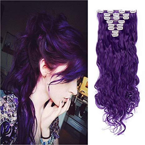8PCS Clip in Hair Extensions Straight Wavy Curly Full Head Women Colorful Highlight Ombre Hairpiece -24" Curly,Black Purple