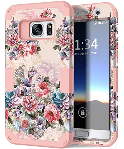 Galaxy S7 Case, Hocase Heavy Duty Protection Shock Absorbent Silicone Bumper Hard Plastic Dual Layer Full-Body Protective Phone Case for Samsung Galaxy S7 (SM-G930) - Peony Flowers/Rose Gold