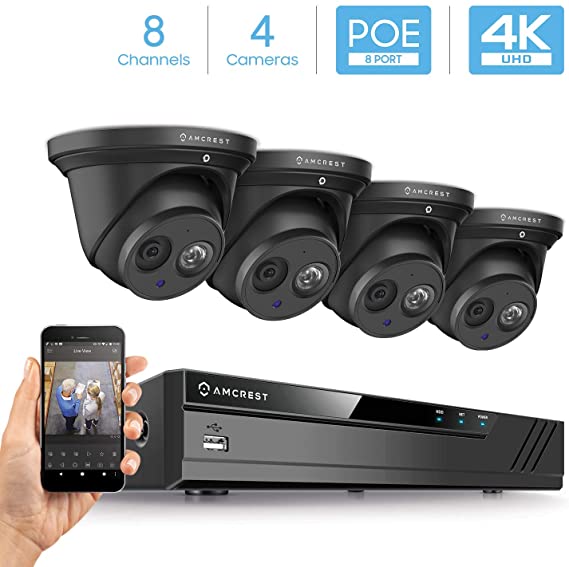 Amcrest 4K Security Camera System w/ 4K 8CH PoE NVR, (4) x 4K (8-Megapixel) IP67 Weatherproof Metal Turret Dome POE IP Cameras (3840x2160), 2.8mm Wide Angle Lens, NV4108E-IP8M-T2499EB4 (Black)