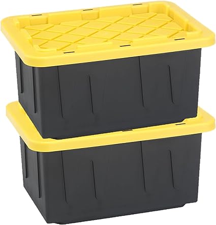 Homz 15-Gallon Durabilt Plastic Stackable Storage Organizer Container w/Snap Lid and Hasps for Tie-Down Straps or Locks, Black/Yellow (2 Pack)