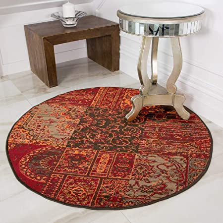 Traditional Red, Brown, Orange & Grey Circular Rug