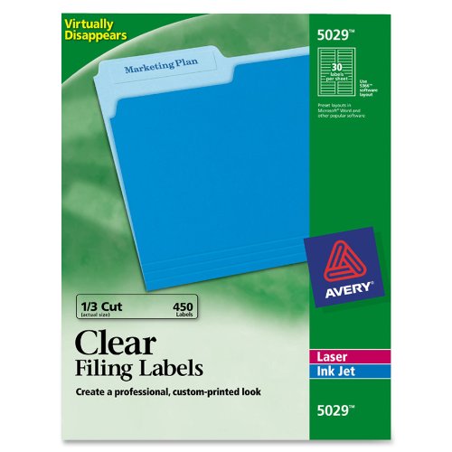 Avery 5029 Clear Self-Adhesive Filing Labels, 3-7/16 x 2/3, 15 sheets, 450 Labels