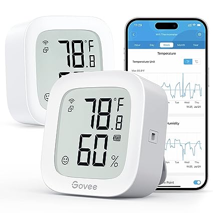 Govee WiFi Thermometer Hygrometer 2Pack H5103, Indoor Temperature Humidity Sensor with Electronic Ink Display, App Notification Alert, Free Data Storage Export, Digital Remote Monitor for Bedroom