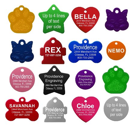 Pet ID Tags - 8 Lines of Engraving Available | Size Small or Large | Bone, Round, Star, Heart, Hydrant, Paw, Cat Face | 9 Colors | Dog Tag, Cat Tag, Personalized, Anodized Aluminum