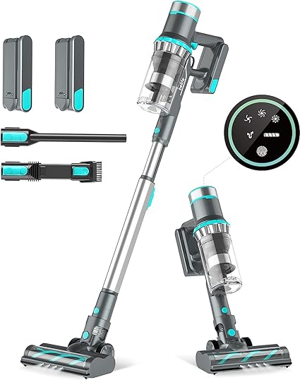 Belife BVC11 Cordless Vacuum Cleaner, 25Kpa 380W Brushless Stick Vacuum, Lightweight Vacuum for Home Hardwood Floor Carpet Pet Hair, Max 40mins Runtime, LED Touch Display (2 BAT Blue)