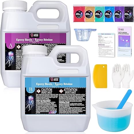 LET'S RESIN 80oz/2.4L Crystal Clear Casting Resin Kit, Bubbles Free Epoxy Resin Kit, Clear Resin for Tumblers, Moulds, Jewelry, Table Top, Epoxy Resin with 6 Mica Powders, Large Silicone Cup and More