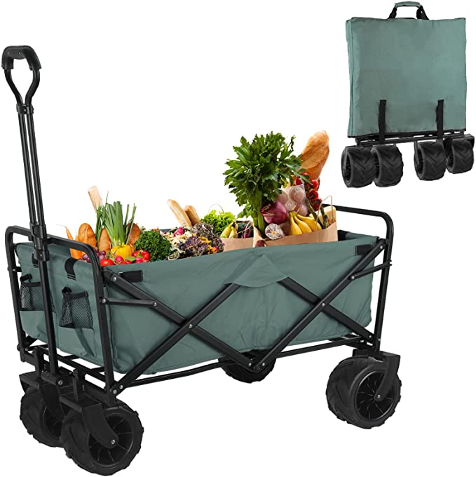 Heavy Duty Folding Wagon Cart w/7'' All-Terrain Wheel, Collapsible Portable Utility Camping Grocery Canvas Wagon w/Carry Bag, Adjustable Handle Prevent Sinking in Sand for Shopping, Park, Beach(Green)