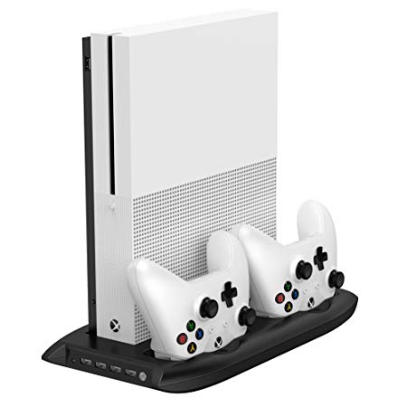 Kootek Vertical Stand for Xbox One S, Controller Charger with Cooling Fan and Extra 4 USB Port Dual Controllers Charging Station Games Accessories (Only for Xbox One S Console)