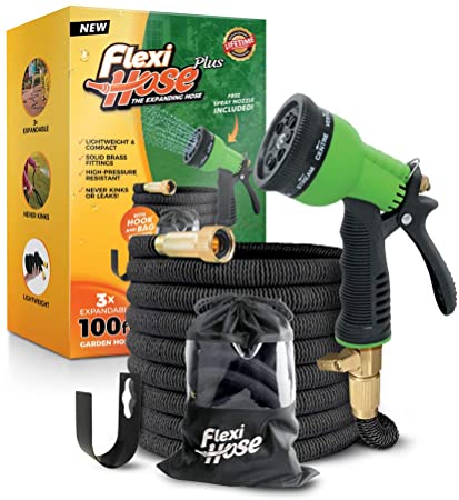 Flexi Hose Plus Lightweight Expandable Garden Hose, No-Kink Flexibility, Extra Strength with 3/4 Inch Solid Brass Fittings & Double Latex Core, Carry Case, Hook (100ft)