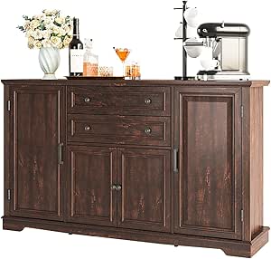 Maupvit Farmhouse 58" Buffet Cabinet with Storage,34" Tall Sideboard Cabinet w/2 Large Drawers&4 Grooved Doors,Wood Rustic Coffee Bar Cabinet for Kitchen,Living Room,Dark Brown