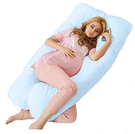 Meiz U Shape Comfortable Pregnancy Pillow - Maternity Pillow for Side Sleeping/Total Body Support - Nursing Cushion for Baby - 100% Cotton Zipper Pillow Cover (Blue)