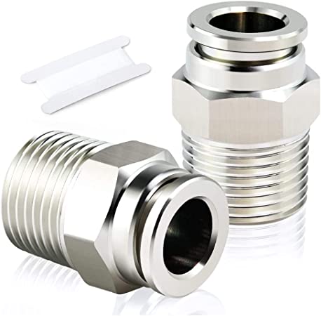 TAILONZ PNEUMATIC 304 Stainless Steel Male Straight 1/2 Inch Tube OD x 1/4 Inch NPT Thread Push to Connect Fittings PC-1/2-N2 (Pack of 2)