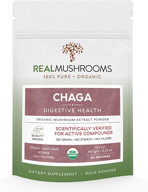 Chaga Mushroom Extract by Real Mushrooms - Certified Organic - 60g Bulk Powder - Wild Harvested - Use with Shakes, Smoothies, Coffee and Tea