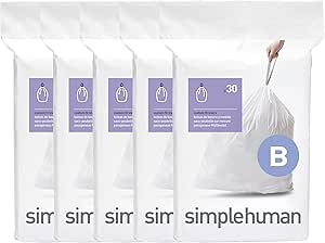 simplehuman Code B Custom Fit Drawstring Trash Bags, 6 Liter / 1.6 Gallon, White, 150 Count