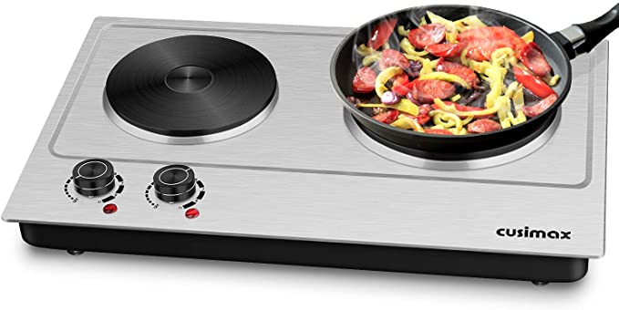 Cusimax Hot Plate Electric Double Burner Countertop Cast Iron Heating Plate, 1800W Indoor& Outdoor Portable Stove, Compatible w/All Cookware, Stainless Steel Surface Easy to Clean - Upgraded Version