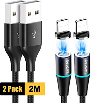Magnetic Phone Charger Cable, AVIWIS [2Pack 2M] Magnet USB Fast Charger Charging Cable Nylon Braided for Phone Xs Max X XR 8 7 6s 6 Plus SE 5 5s 5c, Pad, Pod