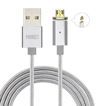 PHONECT 39ft12m Magnetic Cable Nylon Braided Tangle-Free Micro USB Cable with LED Light for Android Samsung Sony HTC Motorola and more Sliver