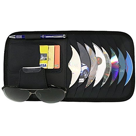 Vulcan-x Detachable Portable PU Leather CD Sun Visor Organizer with 8 CD Slots   3 Credit Cards Pockets   1 Sunglasses Holder   1 Pen holder PU Material -Black