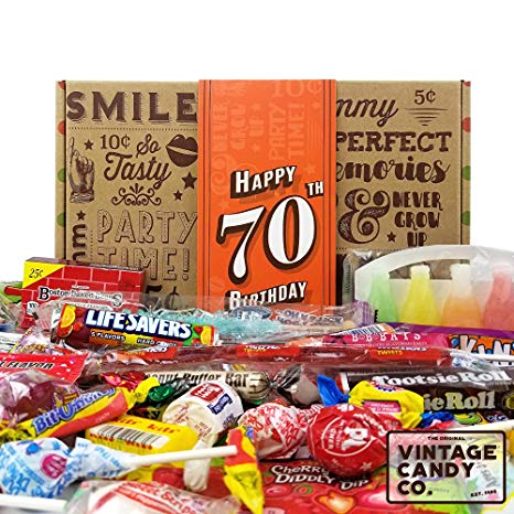 VINTAGE CANDY CO. 70TH BIRTHDAY RETRO CANDY GIFT BOX - 1949 Decade Nostalgic Childhood Candies - Fun Gag Gift Basket for Milestone SEVENTIETH Birthday - PERFECT For Man Or Woman Turning 70 Years Old