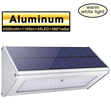 Licwshi 1100 Lumens Solar Lights 48 LED 4500mAh Lights Waterproof Outdoor Aluminum Alloy Housing, Radar Motion Sensor Light for Step, Garden, Yard, Deck-Warm White (1 Pack)