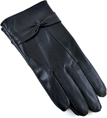 RJM Ladies Lined Black Sheepskin Leather Gloves With Bow Size M/L