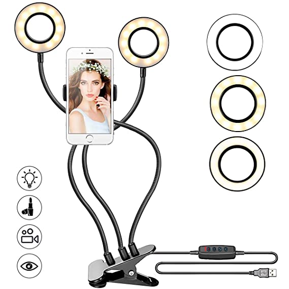 Selfie Ring Light, BicycleStore Dimmable LED Make Up Lights 360° Adjustable USB Double Dual Ring Light Photography with Cell Phone Holder Stand for Video Live Streaming, Smartphone Selfie, Makeup