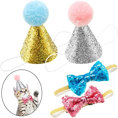 SATINIOR 4 Pieces Pet Birthday Hat and Bowtie Cute Reusable Dog Cat Headwear Adjustable and Collar Dog Headband Topper for Cat and Small Medium Dogs (Lake Blue and Pink, Style A)