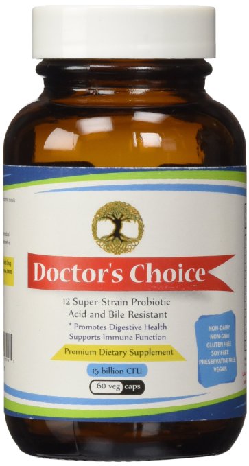 Probiotic Supplement -- Doctor's Choice: 12 Super-Strain Probiotics - 60 - 300 mg Veggie Caps 1 X Per Day - Contains Living Robust Intestinal Flora Strains -- Acid & Bile Resistant - Has A Patented & Trademarked Human Strain Lactobacillus Acidophilus