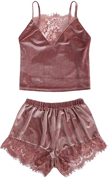 DIDK Women's Sexy Pajama Set Lace Trim Velvet Bralette and Shorts Sleepwear