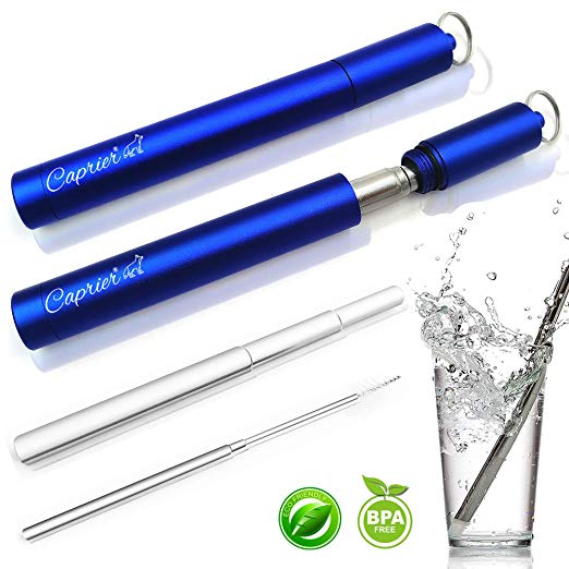 CAPRIER Luxury Reusable Collapsible Straws with Case 9.25 inch | Portable Straw Stainless Steel Keychain, Telescopic Retractable Metal Straws Collapsible, Pocket Size | Blue