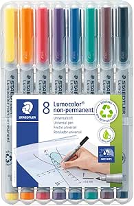 STAEDTLER Lumograph Non-Permanent Wet Erase Marker Pens, Fine Tip Refillable Colored Markers, 8 Pack