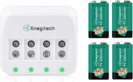 Enegitech 9V Rechargeable Battery Lithium-ion 600mAh 4 Pack with Fast Charger for Smoke Detector Fire Alarm Multimeter Microphone