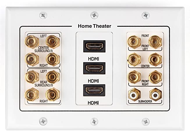 TNP Home Theater Wall Plate - 3-Gang 7.2 Surround Sound Distribution w/Premium Gold Plated Copper Banana Binding Post Coupler for 7 Speakers, 2 RCA Jack for Subwoofer, 3 HDMI Port for UHD 4K HD 1080P