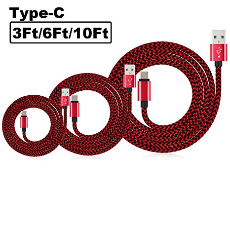 SEGMOI(TM) 3Pack 3Ft 6Ft 10Ft Rugged Bold Nylon Braided USB Type-C to USB 2.0 A Male Data Charging Sync Cable Reversible Connector Charger Cord for LG G5, Nexus 6P 5X, HTC 10, Oneplus 2 3,Letv (Red)